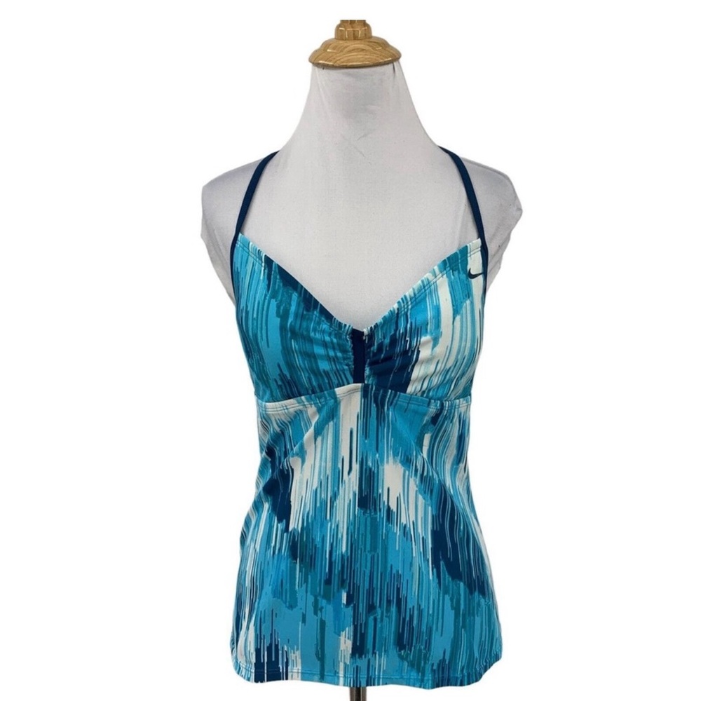 Nike Tankini Top Womens 10 Blue Striped Abstract Sleeveless Open Back Padded Cup